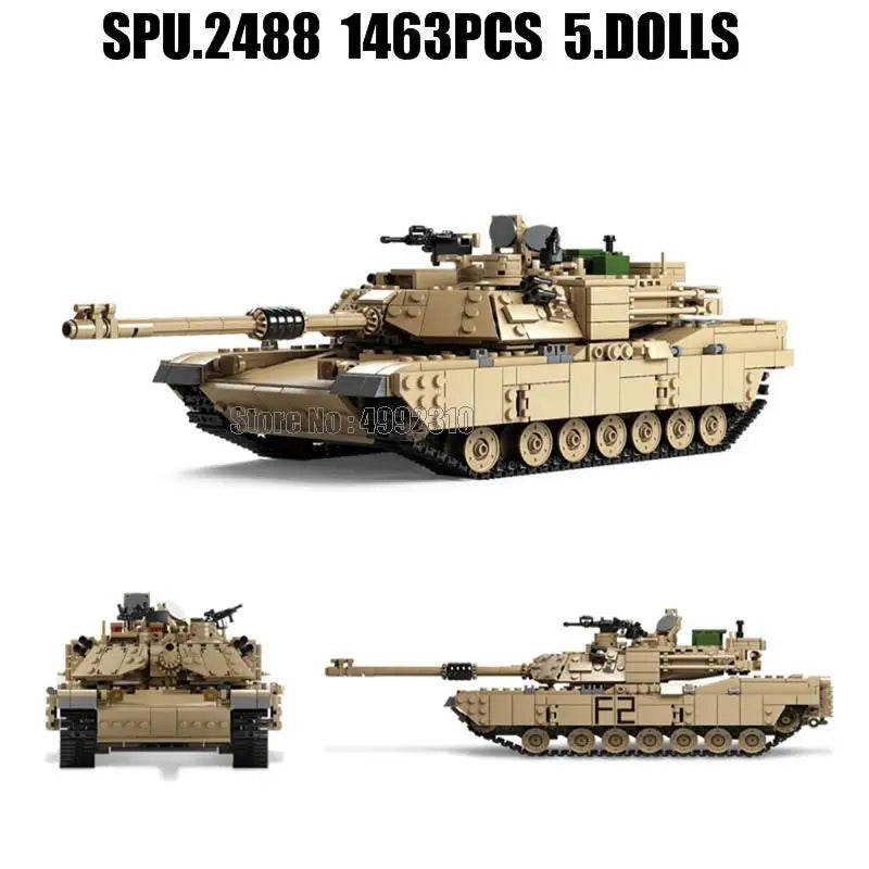 10000 1463pcs 2in1 Military Tank 1:28 Abrams M1a2 Caterpillar Vehicle Cars 5 Soldiers Army Weapon Boy Building Block Toy