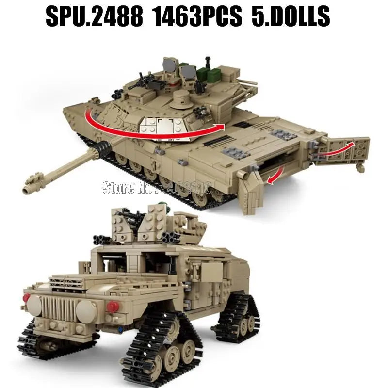 10000 1463pcs 2in1 Military Tank 1:28 Abrams M1a2 Caterpillar Vehicle Cars 5 Soldiers Army Weapon Boy Building Block Toy