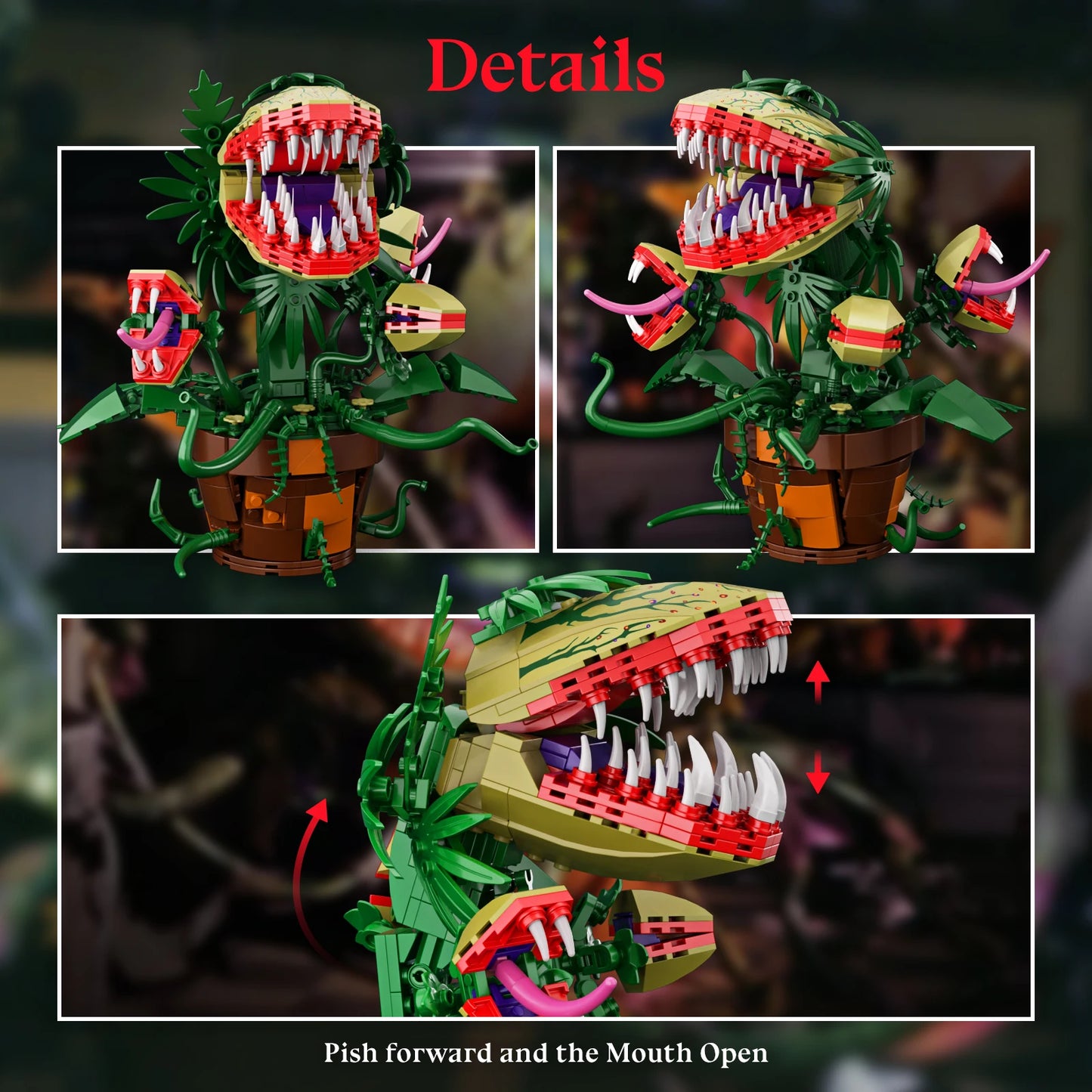 Audrey II Piranha Plant Flower Building Blocks with 4 Openable Mouth, Horrors Shop Cannibal Bricks Toys Halloween Gifts for Kids