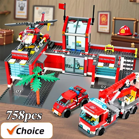 New 758pcs City Fire Station Building Blocks Sets Fire Truck Helicopter Firefighter Rescue Bricks Kids Educational DIY Toys Gift