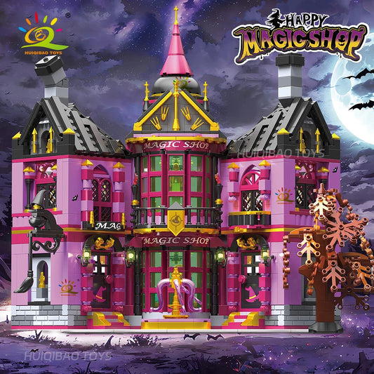 HUIQIBAO Halloween Witch House Wizard Bar Magic Shop Micro Model Building Block City DIY Store Assembly Brick Toys for Children