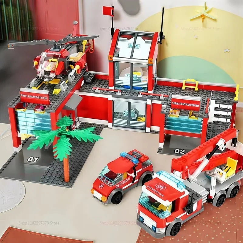 New 758pcs City Fire Station Building Blocks Sets Fire Truck Helicopter Firefighter Rescue Bricks Kids Educational DIY Toys Gift
