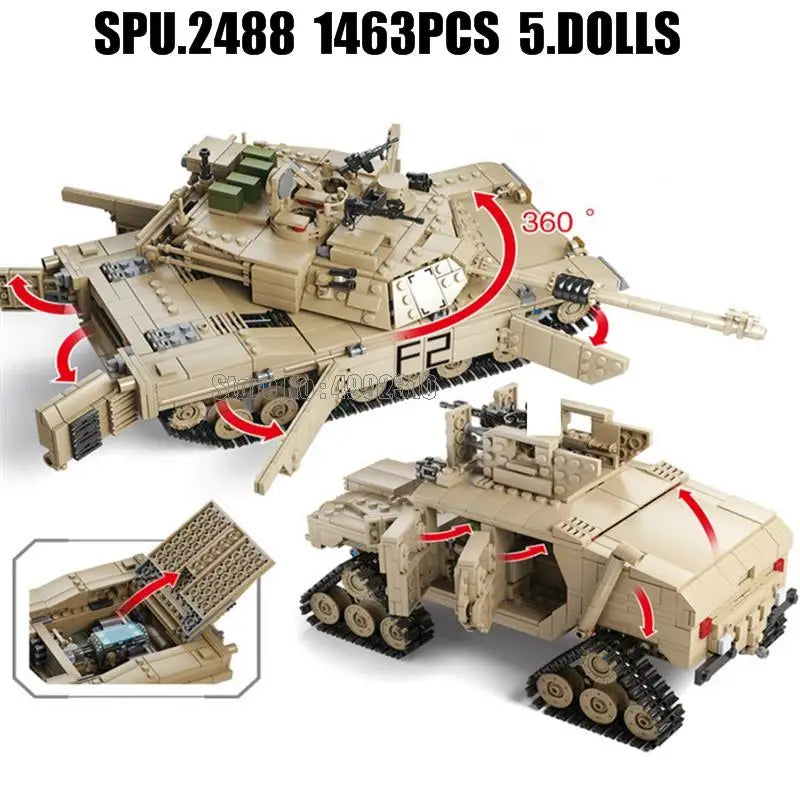 10000 1463pcs 2in1 Military Tank 1:28 Abrams M1a2 Caterpillar Vehicle Cars 5 Soldiers Army Weapon Boy Building Block Toy