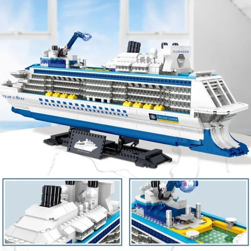 2428PCS Luxury Sea Cruise Liner Model Building Blocks Ocean Going Ship Model Bricks With Display Stand Kids Toy Holiday Gifts