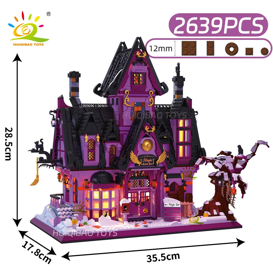 HUIQIBAO Halloween Witch House Wizard Bar Magic Shop Micro Model Building Block City DIY Store Assembly Brick Toys for Children
