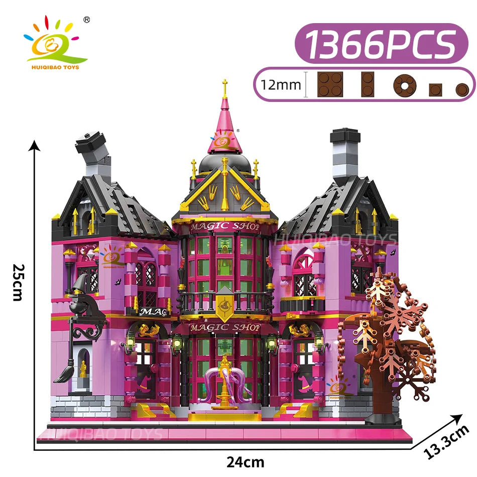 HUIQIBAO Halloween Witch House Wizard Bar Magic Shop Micro Model Building Block City DIY Store Assembly Brick Toys for Children